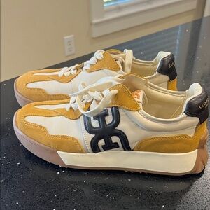 Sam Edelman Mustard Suede and White Leather Low-Top Sneakers with Black Logo